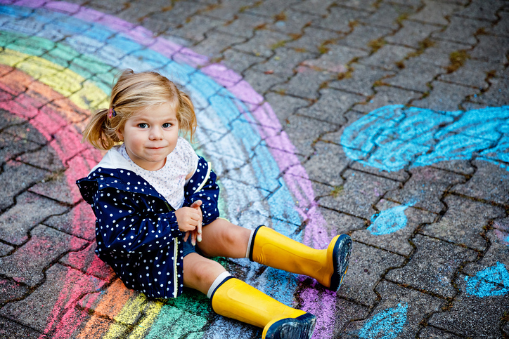 Happy little toddler girl in rubber boots with rainbow sun and clouds with rain painted with colorful chalks on ground or asphalt in summer. Cute child having fun. creative leisure.